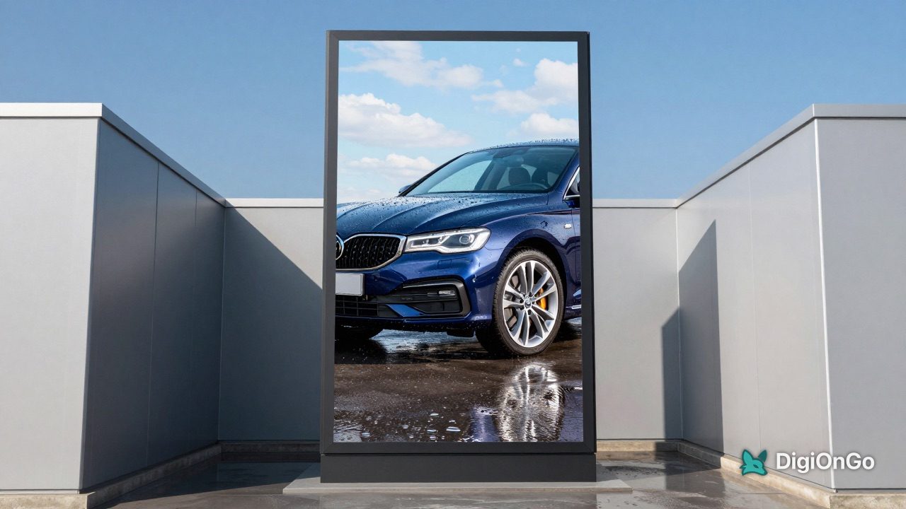 Small car wash on a sunny day with a vertical roadside screen showing an AI-generated gleaming car