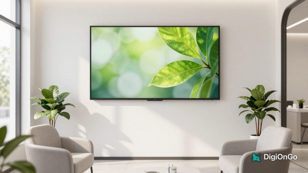 Bright dental clinic waiting room with a wall screen showing a calm AI-generated nature visual